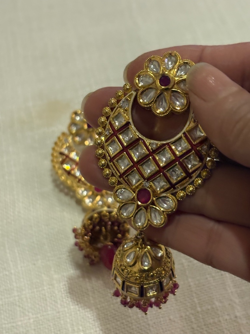 Elegant Gold-Tone Kundan Floral Jhumka Earrings with Pink Accents